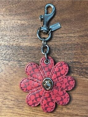 Coach Pink Red Floral Logo Leather Key Fob Charm